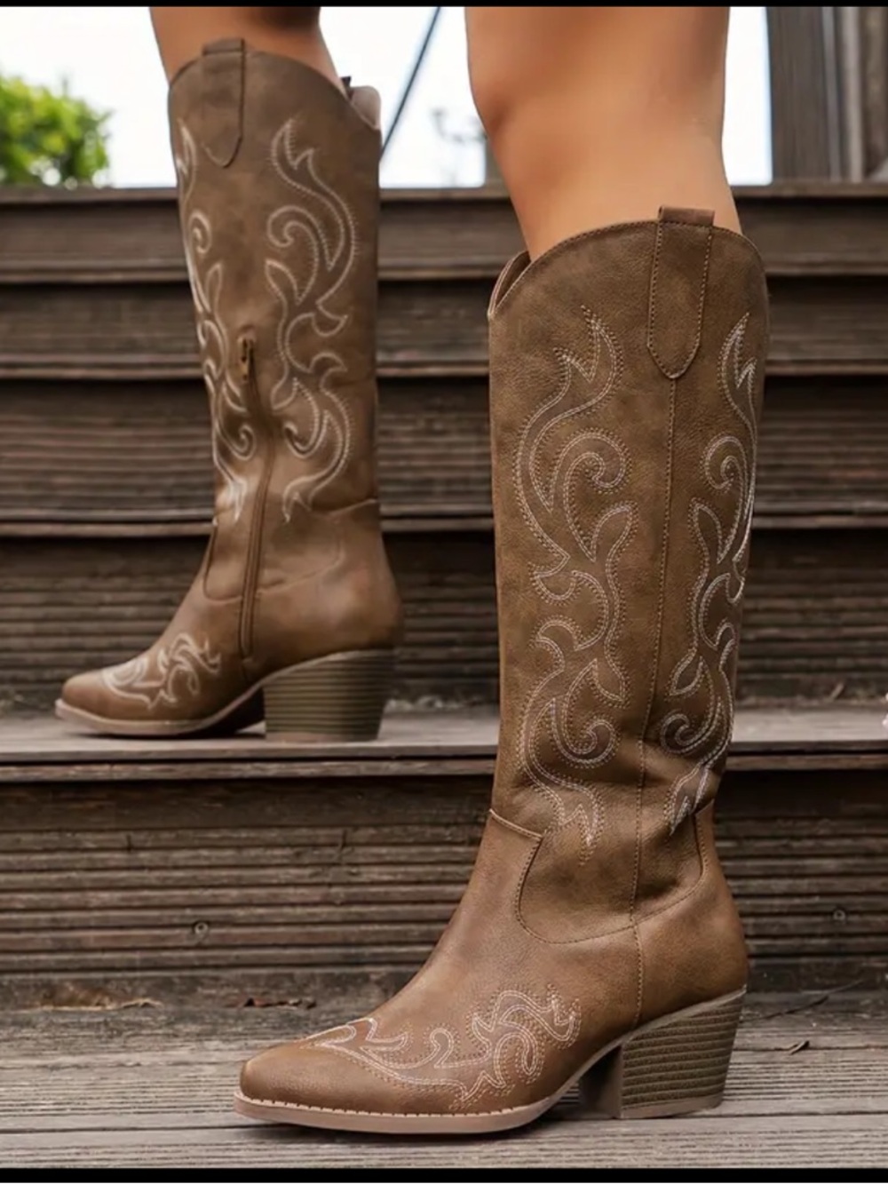 FOMOTI Knee-High Brown Suede Western Boots with Embroidered Detail size 8
